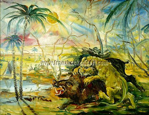 Franz Heckendorf, Lioness striking a Wild Boar in the Oasis