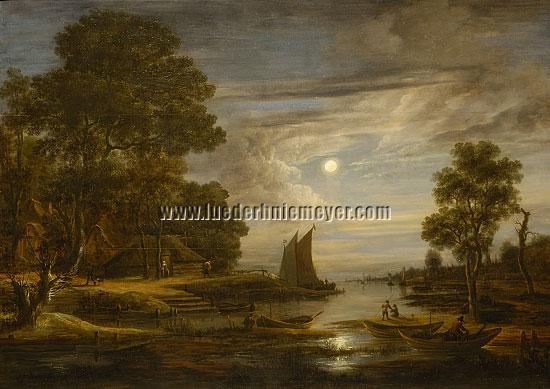 Aert van der Neer, River Landscape by Moonlight